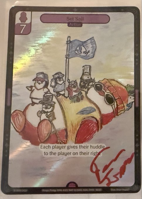 A trading card titled 'Set Sail' (Action, value 7) depicting cartoon characters on a boat with a pirate flag, reading 'Each player gives their huddle to the player on their right.'