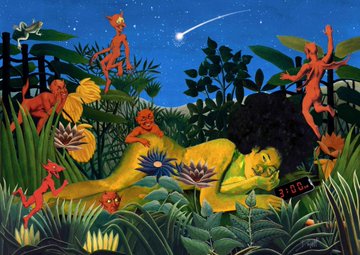 This surreal digital artwork from the "Delightful Island Collection" depicts a person resting amidst lush tropical foliage under a starry sky with a shooting star, surrounded by small red creatures. The scene evokes a dreamlike island setting, aligning with the collection's theme.