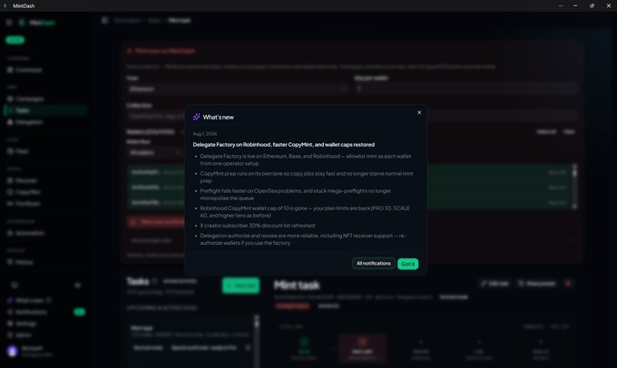 A screenshot of the MiniDash application displays a "What's new" popup notification highlighting that "CopyPHP Factory or RobotAgent, faster CopyPHPs, and wallet caps restored," with options to view notifications or close, fitting with a brief "nice" reaction to the update.