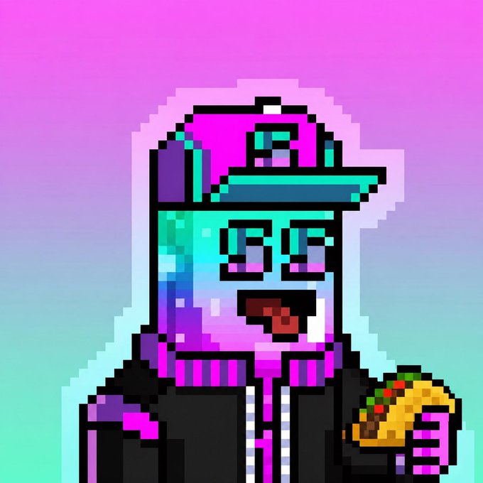 A pixel-art character wearing a backwards cap and hoodie holds a taco while smiling, set against a pastel pink-to-teal gradient background, visually tying into the "Happy Taco Tuesday" theme of passive rewards being spent on tacos.