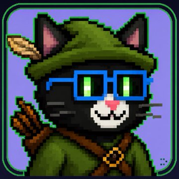 A pixel art icon featuring a black cat wearing a green hood with a feather, blue-framed glasses, and carrying a quiver of arrows on its back, set against a purple background.