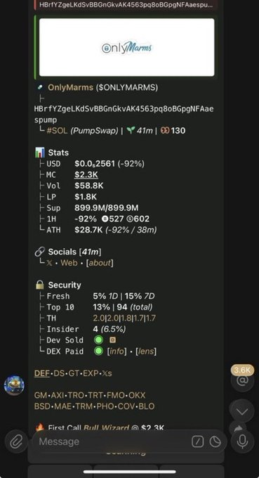 A Telegram bot displays stats for the $ONLYMARMS ($spump) token, showing a $2.3K market cap, $0.0_2561 price (-92%), 899.9M supply, and an ATH of $28.7K, visually backing the poster's claim of a massive 2K-to-2M mcap pump on the token.