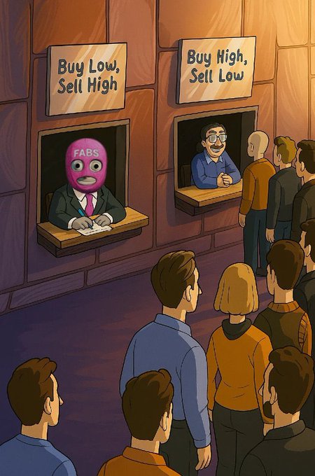 A cartoon depicting two ticket booths, one labeled "Buy Low, Sell High" staffed by a happy person, and another "Buy High, Sell Low" staffed by a smiling figure, while a crowd queues at the latter.