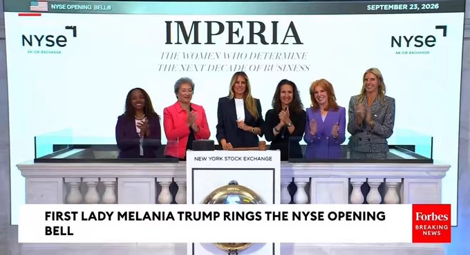 A Forbes Breaking News screenshot from the NYSE Opening Bell on September 25, 2026, captioned 'FIRST LADY MELANIA TRUMP RINGS THE NYSE OPENING BELL,' showing six women including Melania Trump in a blue and black blazer at the New York Stock Exchange podium with 'IMPERIA: THE WOMEN WHO DETERMINE THE NEXT DECADE OF BUSINESS' displayed behind them.