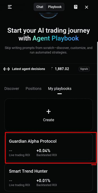 A mobile app screenshot titled 'Agent Playbook' showing a trading interface with tabs for Discover, Positions, and My playbooks, highlighting 'Guardian Alpha Protocol' with a +0.04% backtested ROI and 'Smart Trend Hunter' below it.