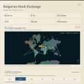 A search result for 'Bulgarian Stock Exchange' showing a dark-themed world map visualization of stock trading data, likely from a financial analytics platform.