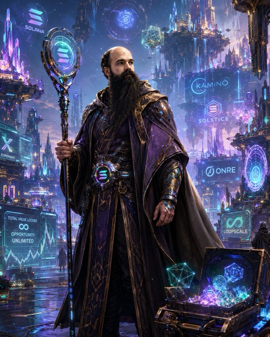 Fantasy digital art depicting a bearded wizard in purple robes holding a staff in a futuristic cityscape, surrounded by cryptocurrency logos and symbols including Solana, Kamino, Solstice, Onre, and Exponent.