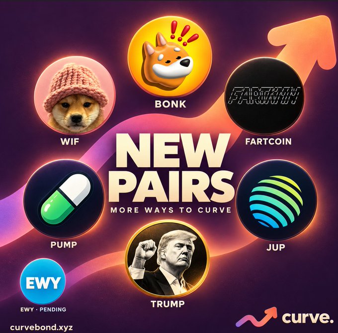 A promotional graphic for 'Curve' cryptocurrency platform announcing 'NEW PAIRS', featuring crypto tokens BONK, FARTCOIN, PUMP, JUP, TRUMP, and EWY.
