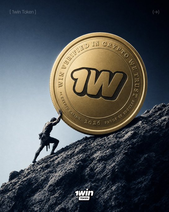 A muscular figure strains to push a giant golden 1WIN coin uphill, emblazoned with "WIN VERIFIED IN CRYPTO WE TRUST," "1X1W1P1D CASINO," and "PROOF OF SUCCESS 2026." The visual metaphor of climbing toward success aligns with the "up up up" theme, symbolizing the community's collective push to elevate the 1win Token to new heights.