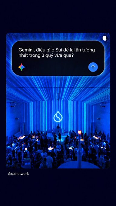 A social media story displaying the Vietnamese text 'Gemini, điều gì ở Sui để lại ấn tượng nhất trong 3 quý vừa qua?' over an image of an event with blue lighting and crowds, credited to '@suinetwork'.