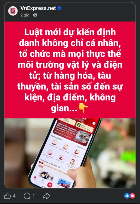A Vietnamese Facebook post from VnExpress.net discussing a new law that will expand blacklisting beyond individuals/organizations to include physical and digital objects such as goods, ships, digital assets, events, and locations.