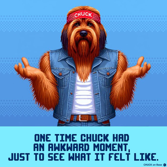 An illustration of Chewbacca wearing a denim jacket and a red bandana with the word 'CHUCK', with a caption reading 'ONE TIME CHUCK HAD AN AWKWARD MOMENT, JUST TO SEE WHAT IT FELT LIKE.'