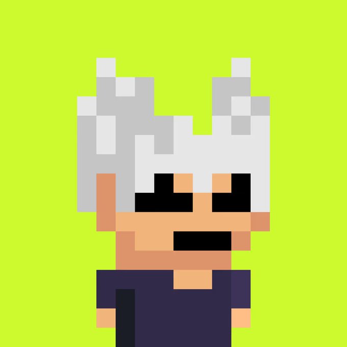 A pixel art character with white hair, a mustache, and a dark outfit set against a bright yellow-green background.
