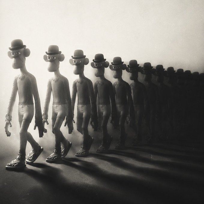 A line of identical bowler-hatted clay figurines march in formation, symbolizing the uniformity and relentless grind that Web3 founders often face, even on relaxed Sundays. The repetitive figures echo the post's reflection on the sometimes isolating and challenging journey of building in the space, away from the hype of minting the next blue chip.