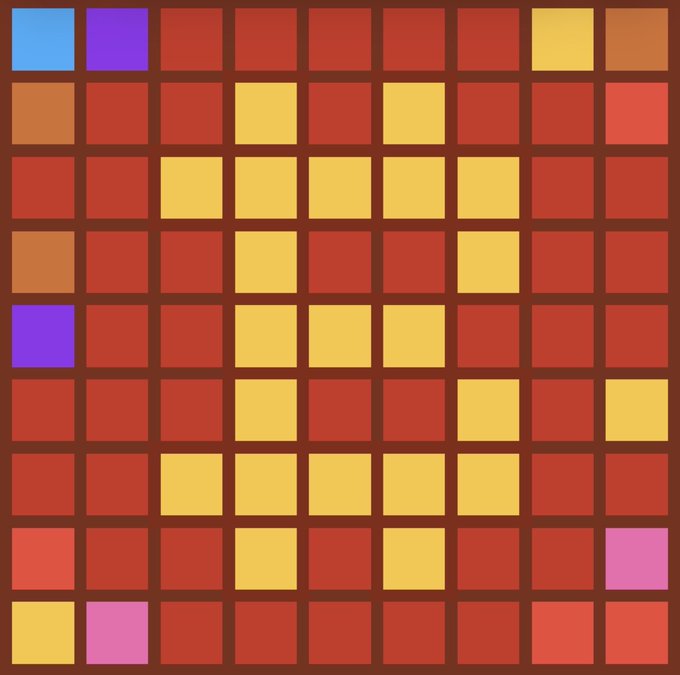 A grid-based digital image composed of red, yellow, and dark red squares with a few accent squares in blue, purple, and pink scattered throughout the pattern.