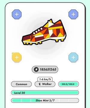 The image features a shoe with a geometric design, possibly resembling a football cleat or a running shoe. The shoe appears to be made of leather and has an orange sole. It is displayed against a white background, making it stand out prominently. The image also includes text that reads "「ミッドセンチュリー風」な靴と椅子 #STEPN #ブルバ100". This suggests that the shoe might be part of an online store or catalog showcasing various footwear options, with a focus on athletic shoes and sports-related items.