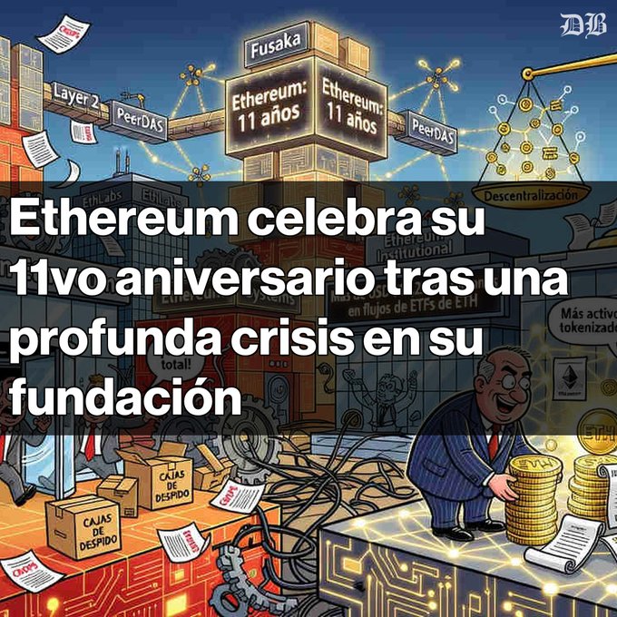A Spanish-language illustrated article header reading 'Ethereum celebra su 11vo aniversario tras una profunda crisis en su fundación' showing stacked 'Ethereum: 11 años' boxes and 'CAJAS DE DESPIDO' (layoff boxes).