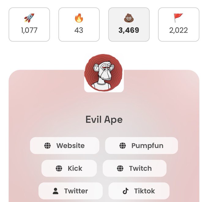 The image shows a CoinMarketCap profile page for the cryptocurrency "Evil Ape" with the tagline numbers displaying 1,077, 43, 3,469, and 2,022 across four metrics (rocket, fire, poop, and flag icons), along with links to Website, Pumpfun, Kick, Twitch, Twitter, and Tiktok.

The post mocks the sheer volume of cryptocurrencies tracked on CoinMarketCap (~59.08 million) by highlighting "Evil Ape" as an example of a low-quality "shitcoin," with the poop emoji (💩) prominently featured in its stats, reinforcing the satirical critique of meme tokens flooding the market.