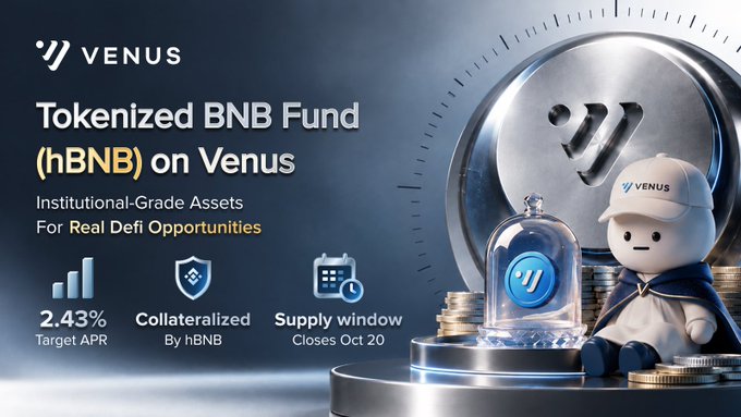 A promotional banner for 'Tokenized BNB Fund (hBNB) on Venus', highlighting a 2.43% target APR, collateralized assets, and a supply window closing October 20.