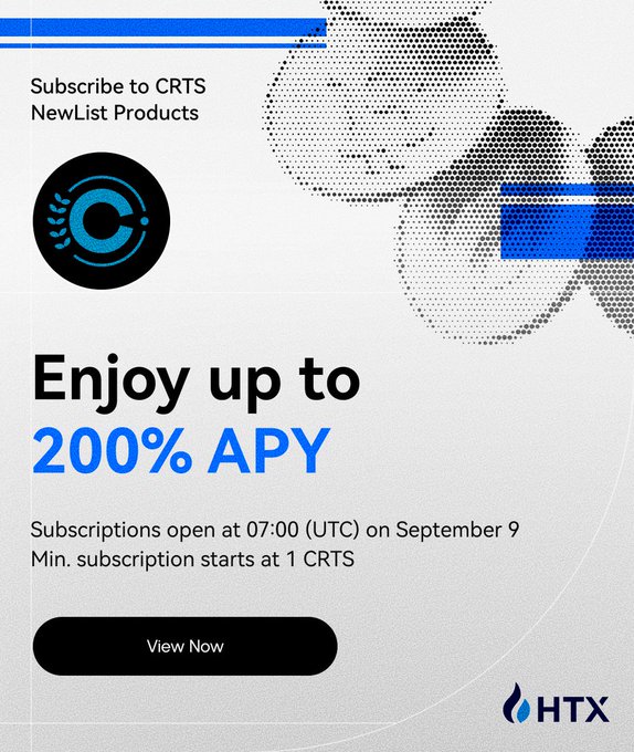 The image is a promotional banner from HTX exchange inviting users to subscribe to $CRTS (Cratos) NewList Products, featuring a stylized blue "C" logo and a world map graphic, with key text highlighting "Enjoy up to 200% APY," a subscription opening time of 07:00 (UTC) on September 9, and a minimum subscription of 1 CRTS, along with a "View Now" call-to-action button and the HTX logo in the bottom corner.