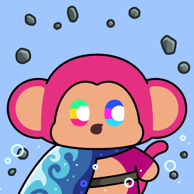 A cartoon illustration of a pink monkey character with multi-colored eyes wearing a blue wave-patterned shirt, surrounded by bubbles and floating grey rocks on a light blue background.