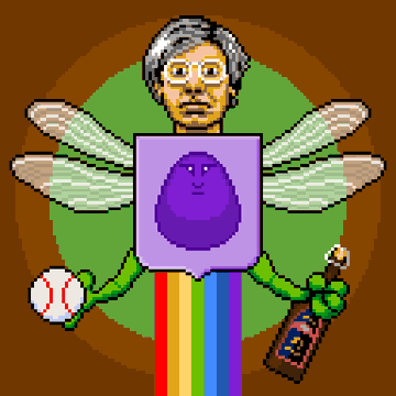 A pixel art depiction of a man with glasses and wings, wearing a rainbow shirt with a purple egg on his chest, holding a baseball and a bottle.