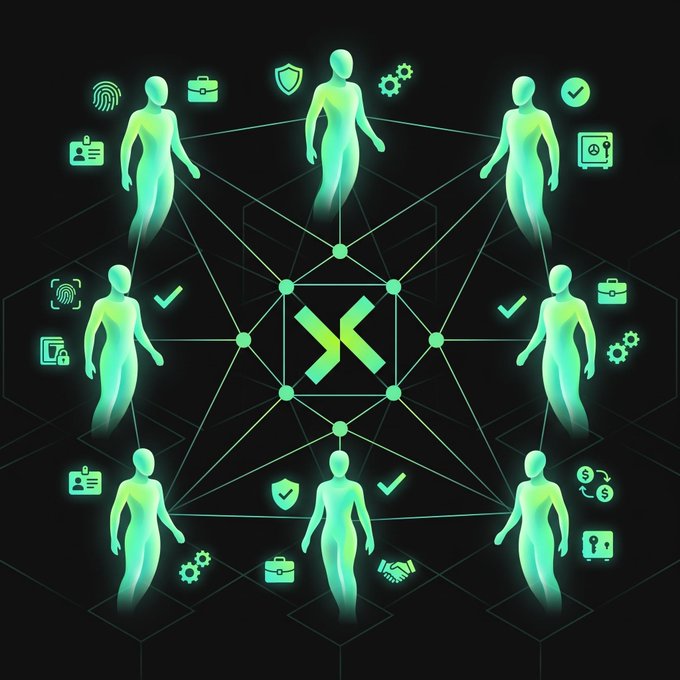A digital illustration showing eight glowing green humanoid figures connected by lines in a network pattern around a central 'X' logo, surrounded by various security and identification icons.