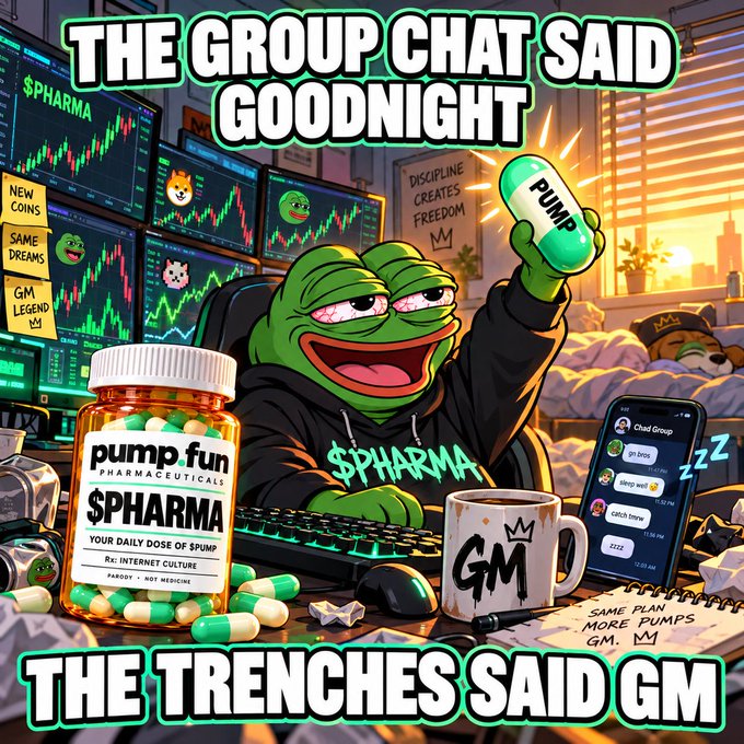 A Pepe the Frog meme holding a green 'PUMP' capsule, with text 'THE GROUP CHAT SAID GOODNIGHT' and 'THE TRENCHES SAID GM', alongside '$PHARMA' trading screens, a 'pump.fun' pill bottle, and a phone showing a chat.