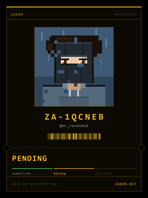 A pixel-art identity card from "ZADOR" featuring a character with a black hood, tagged "ZA-1QCNEB" (@mr_random14), with a "PENDING" status bar showing progress through Submitted, Review, and Decision stages.