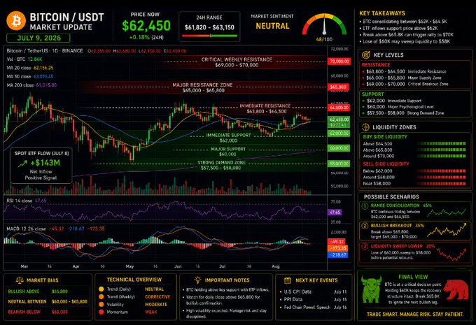 A detailed Bitcoin/USDT market update dated July 9, 2025 showing a price of $62,450 (+0.18% 24H), a bearish market sentiment, key support/resistance levels, liquidity zones, possible scenarios (Range Consolidation 45%, Bullish Breakout 35%, Liquidity Sweep Lower 20%), and technical indicators including RSI and MACD.