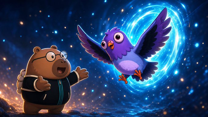 A cartoon bear with glasses reaches toward a purple bird surrounded by a glowing blue portal in a starry space scene.