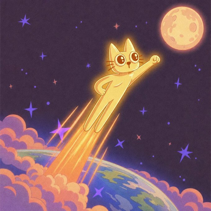 A cheerful golden cat rockets skyward past a full moon, leaving a glowing trail as it ascends from Earth into the starry cosmos. The dynamic pose and fiery launch trail visually capture the post's playful metaphor of the Cat Gold-native meme "gearing up for takeoff" once more.