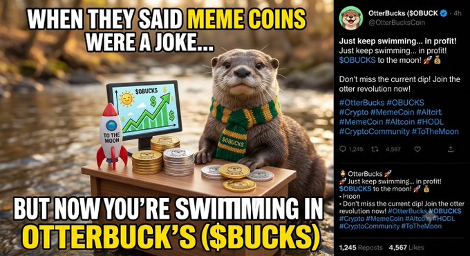 A meme-style image shows a smug otter wearing a "$OBUCKS" scarf, sitting beside a monitor displaying a rising green chart and stacks of gold coins, with the text "WHEN THEY SAID MEME COINS WERE A JOKE... BUT NOW YOU'RE SWIMMING IN OTTERBUCK'S ($BUCKS)." On the right is a verified X post from OtterBucks (@OtterBucksCoin) celebrating $OBUCKS profits and rallying the community with hashtags #OtterBucks, #OBUCKS, #MemeCoin, #Altcoin, and #ToTheMoon, tying into the launch hype for the Solana-based token on pump.fun.