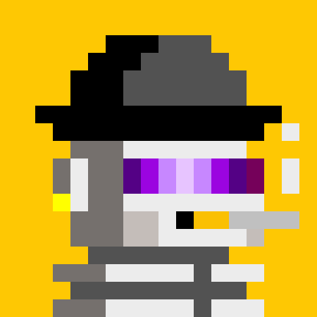 A pixel art illustration of a figure wearing a black wide-brimmed hat and purple visor/goggles, smoking a cigarette against a yellow background.