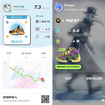 StepN app screenshots showing sneaker NFT walking/running activity stats with GPS routes, GSI/Min scores of 7.3 and 10.5, and rewards like +265.74 and +647.05 tokens.