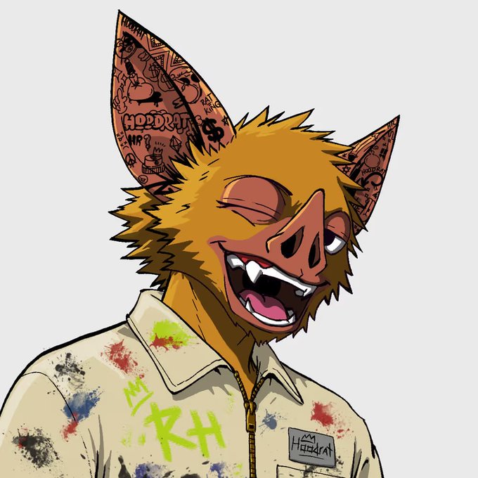 An anthropomorphic character with orange fur, a pig-like snout, and tattooed ears wears a paint-splattered shirt with "HADRAI" visible on the name tag.