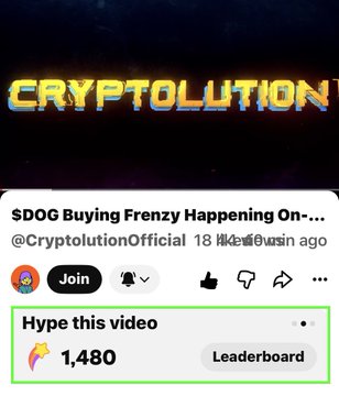 A YouTube video thumbnail titled '$DOG Buying Frenzy Happening On....' by @CryptolutionOfficial, uploaded 18 hours ago, with 1,480 viewers hyping the video.