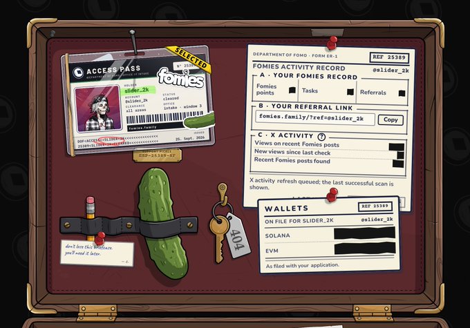 An illustration of a corkboard displaying an access pass for "slider_2k" and a Department of Fomo form showing famies record, referral link, and x activity statistics, along with a cactus, key, and wallet information.