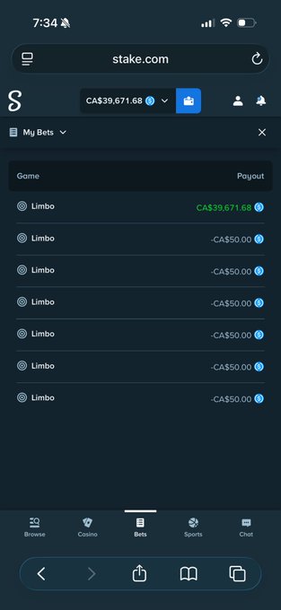 A screenshot of the stake.com mobile website showing a user's "My Bets" history, displaying one massive winning Limbo bet of CA$39,671.68 alongside several losing CA$50.00 Limbo bets, illustrating the accidental $4,400 "max bet" mishap described in the post that turned into a huge payout.