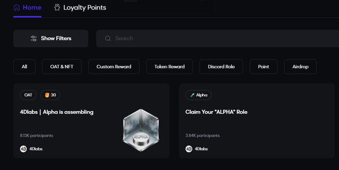 Discord interface showing a loyalty points dashboard with filters and two quests: '4Dlabs | Alpha is assembling' with 81.3K participants and 'Claim Your "ALPHA" Role' with 3.84K participants.
