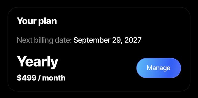 A subscription plan card showing a 'Yearly' plan at $499/month with a next billing date of September 29, 2027, and a 'Manage' button.