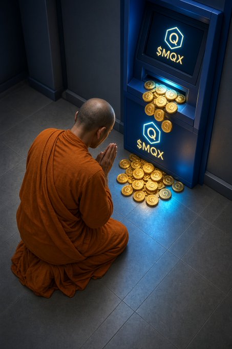 A monk in orange robes kneels in prayer before a cryptocurrency ATM labeled '$MQX' that is dispensing gold coins onto the floor.