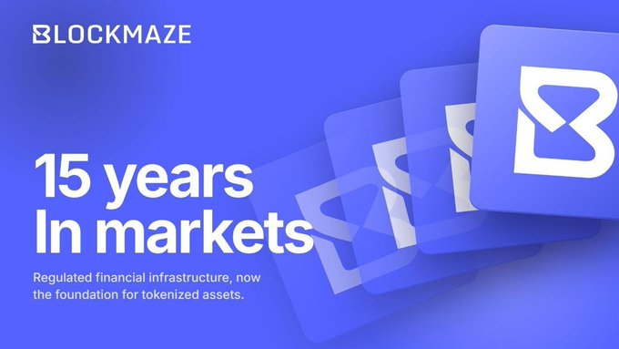 A blue promotional graphic for Blockmaze featuring the headline "15 years In markets" with the tagline "Regulated financial infrastructure, now the foundation for tokenized assets," alongside layered Blockmaze logos. The image reinforces the post's emphasis on Blockmaze as established, compliance-focused infrastructure poised to benefit from the projected $10T–$30T+ RWA market growth by 2030.
