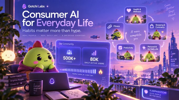 A vibrant promotional image for 'Gotchi Labs' featuring the tagline 'Consumer AI for Everyday Life' and 'Habits matter more than hype,' showcasing a cute green character mascot amid statistics like '500K+ USERS' and '80K DAILY ACTIVE USERS.'