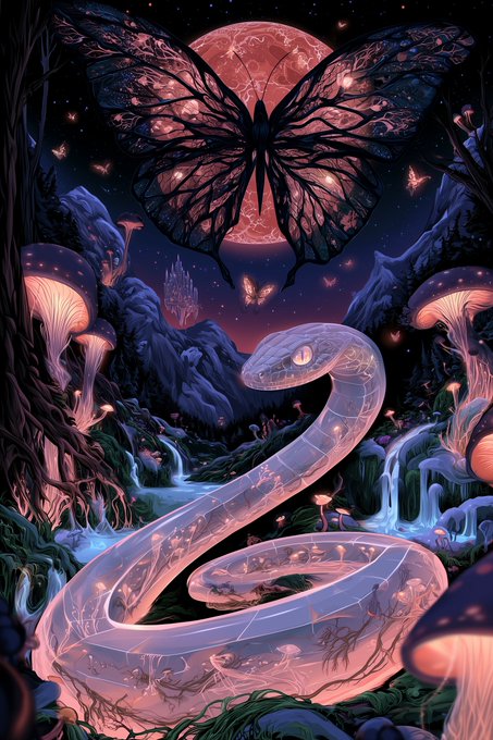 A fantasy digital illustration featuring a large translucent glass snake coiled in a mystical landscape with glowing mushrooms, a giant butterfly with red-patterned wings, waterfalls, and a castle silhouetted against a large red moon.