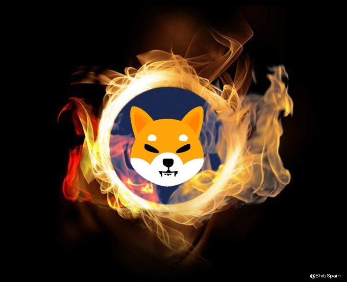 A Shiba Inu (SHIB) cryptocurrency logo encircled by a flaming ring against a dark background, credited to @ShibSpain.
