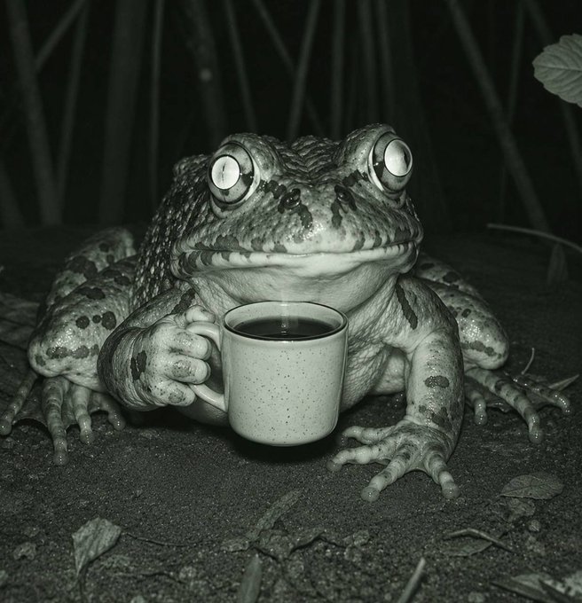 A black and white photograph of a large frog sitting on the ground, holding a ceramic mug filled with a dark beverage in its hands, with a subtle smile on its face.