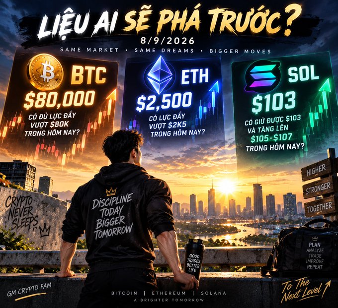 Crypto market promotional graphic titled 'LIỆU AI SẼ PHÁ TRƯỚC?' dated 8/9/2026, showing BTC at $80,000, ETH at $2,500, and SOL at $103.