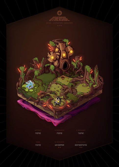 An isometric illustration labeled 'ONESOUL - EGG: COSMIC DREAMER' depicts a fantasy forest diorama with glowing elements, a mushroom house, and floating platforms, with resource indicators showing 'none' for most categories and 'whisper' and '(one)stone' for E and S resources.