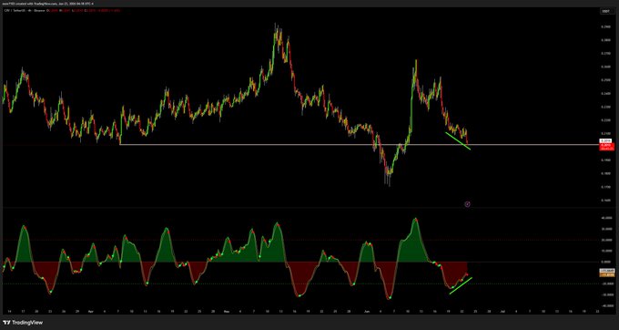 The image shows a screenshot of a trading chart, which indicates that the Crypto currency has just peaked at 4 cents today. The next day, it was predicted by several indicators that the crypto would see another 10 days of bullish divergence before reaching its peak again. Additionally, there were speculations about whether this peak will be followed by a significant drop in value or if the price will continue to rise.